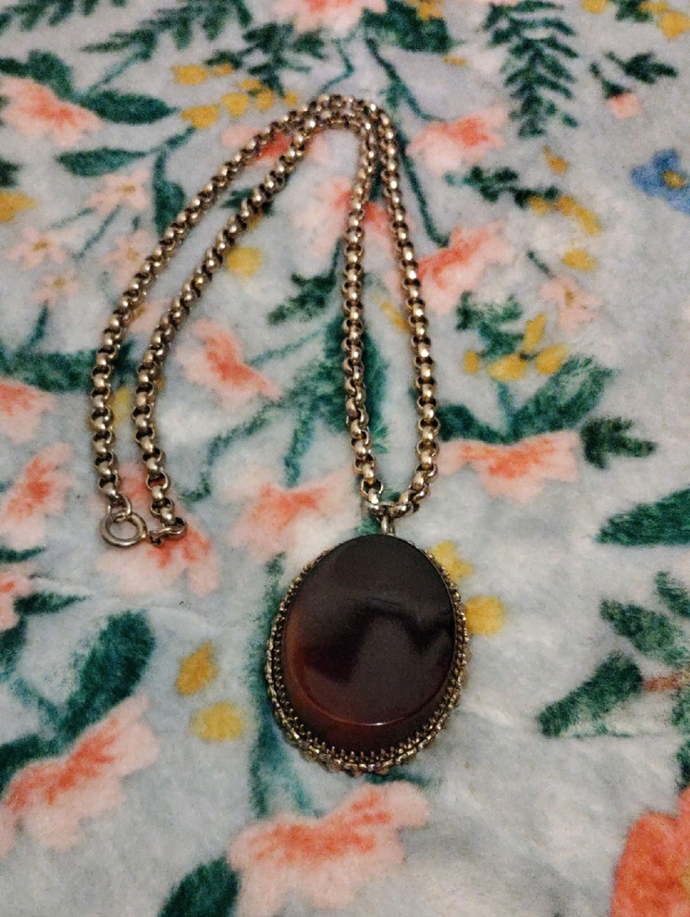 Vintage Whiting & Davis Gold-Tone Chain Necklace with Brown Glass Oval Pendant